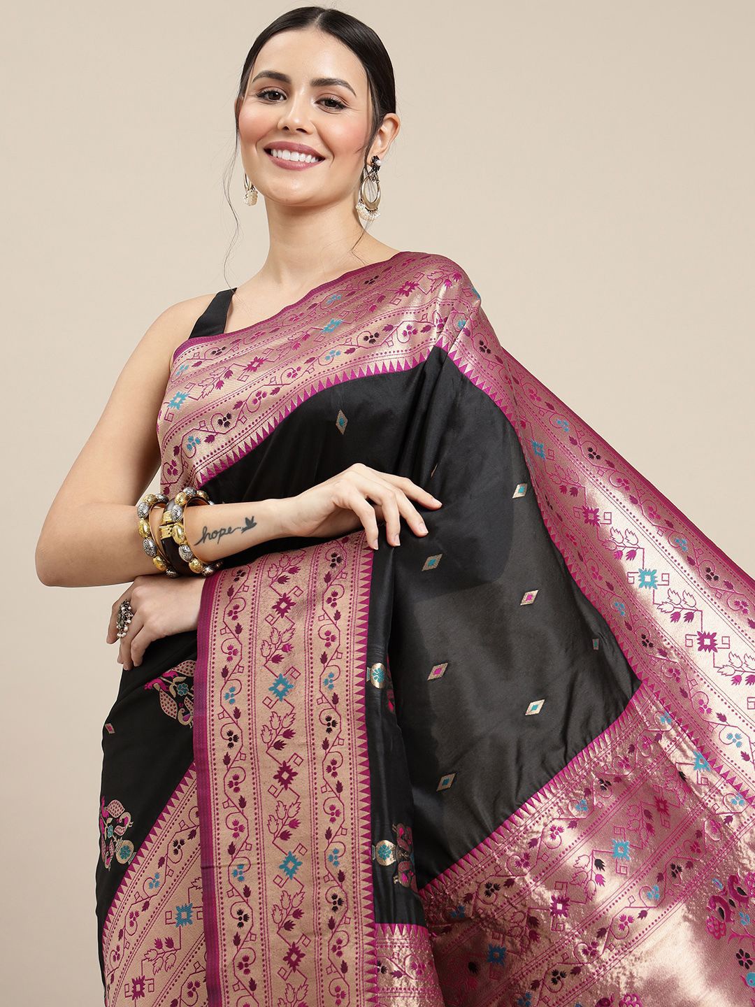 

Royal Rajgharana Saree Ethnic Motifs Zari Pure Silk Banarasi Sarees, Black
