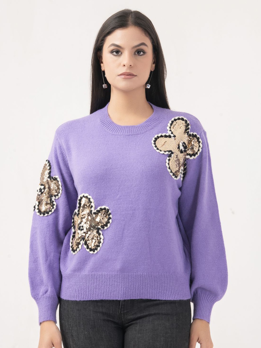 

Albion By CnM Women Embroidered Pullover with Embellished Detail, Purple