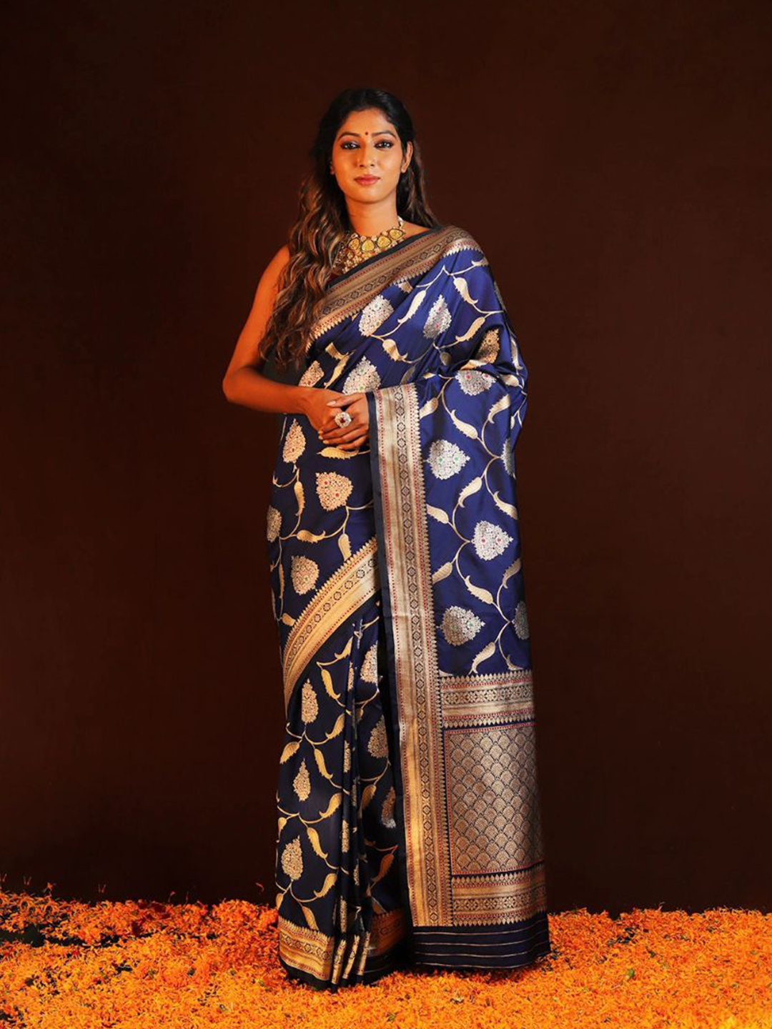 

Fashion Booms Ethnic Motifs Zari Pure Silk Banarasi Saree, Blue