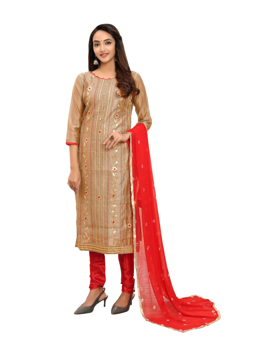 

Maroosh Floral Woven Design Gotta Patti Unstitched Dress Material, Beige