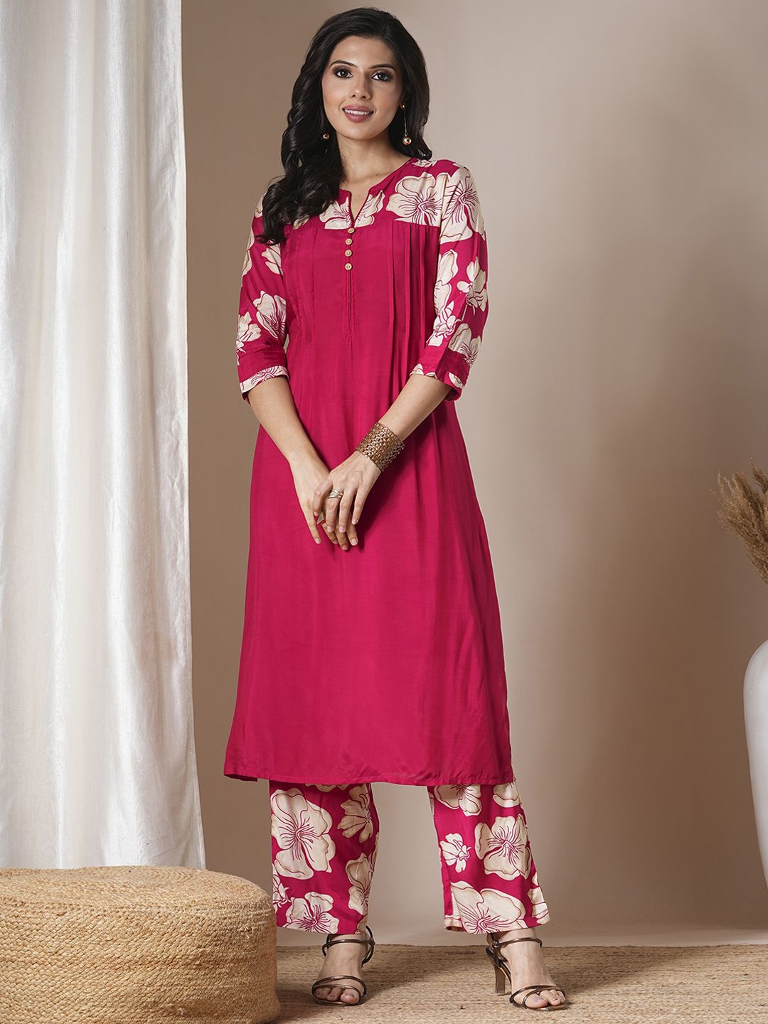 

FASHOR Pink and Cream Floral Printed Tunic With Trousers, Red