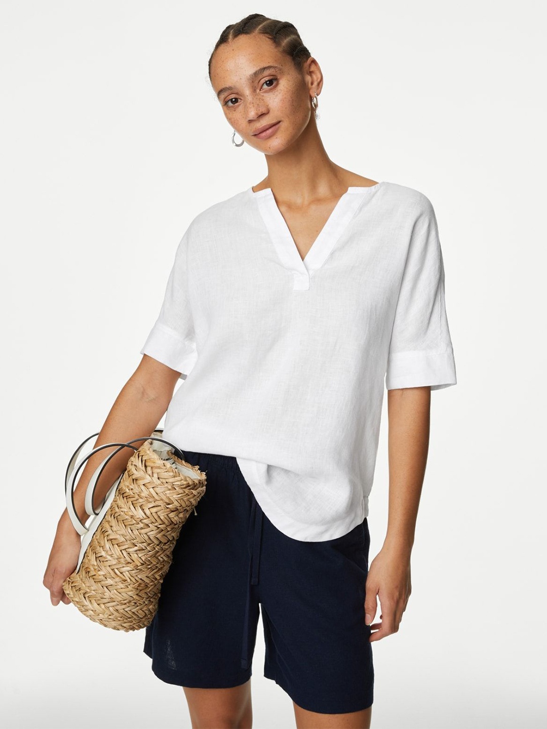 

Marks & Spencer Women V-Neck Pure Linen Top, White