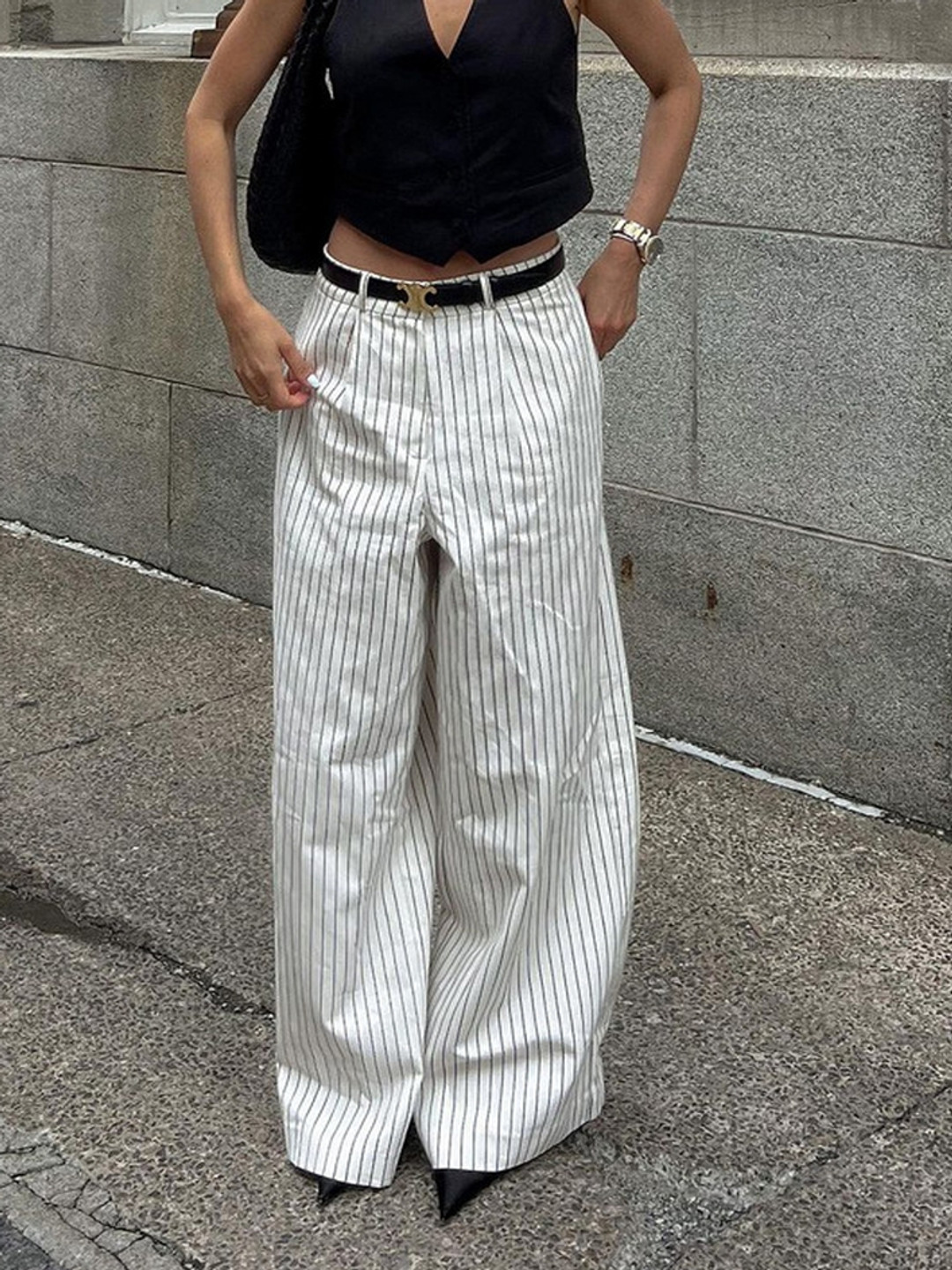 

LULU & SKY Women Striped Loose Fit High-Rise Wide Leg Trousers, White