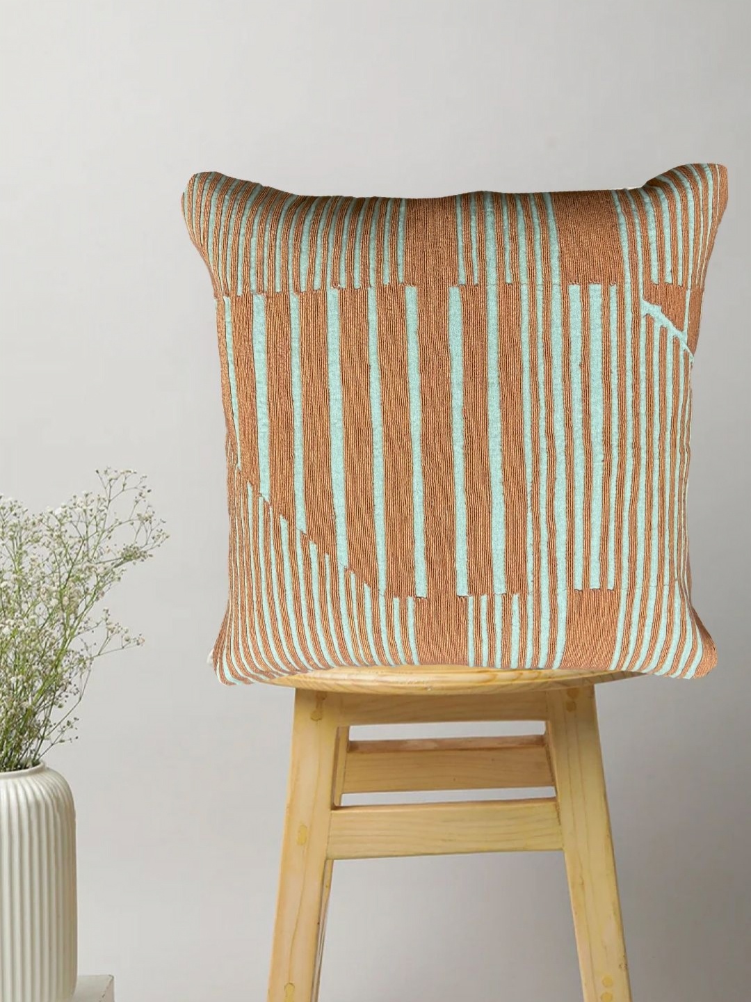 

SAJAVAT Beige & Orange Striped Cotton Square Cushion Cover