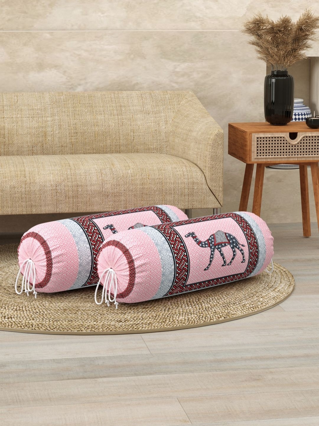 

BLOCKS OF INDIA Pink & Grey 2 Pieces Ethnic Motifs Printed Bolster Covers