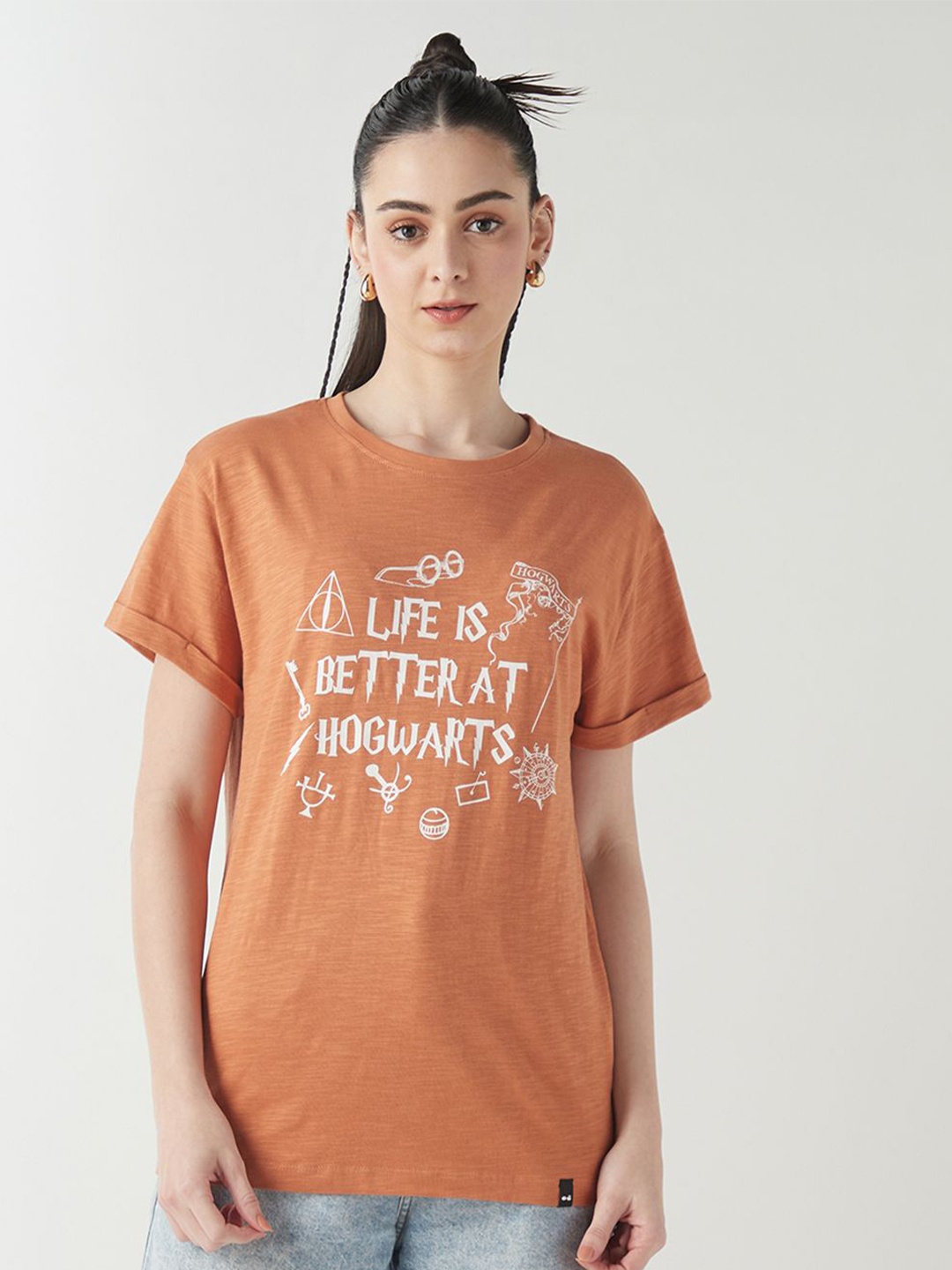 

Bewakoof AIR Women Typography Printed Cotton T-shirt, Orange