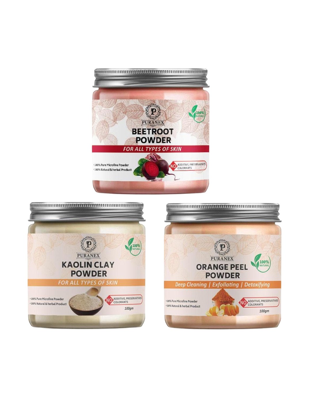 

Puranex Set Of 3 Beetroot - Kaolin Clay & Orange Peel Powder - 100 g Each, White