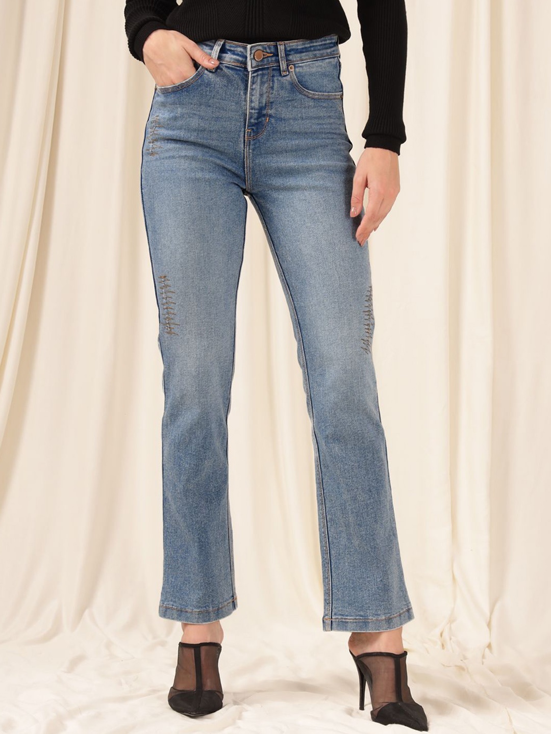 

Xpose Women Comfort Straight Fit High-Rise Low Distress Stretchable Jeans, Blue