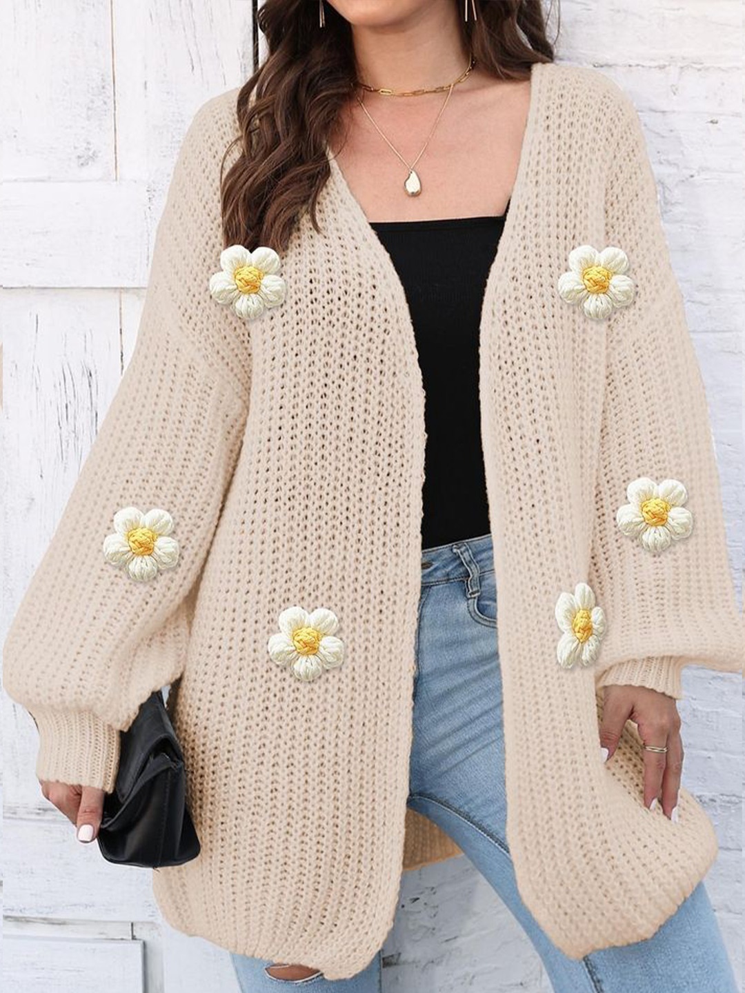 

LULU & SKY Women Embroidered Free Size Longline Front Open Cardigan, Beige