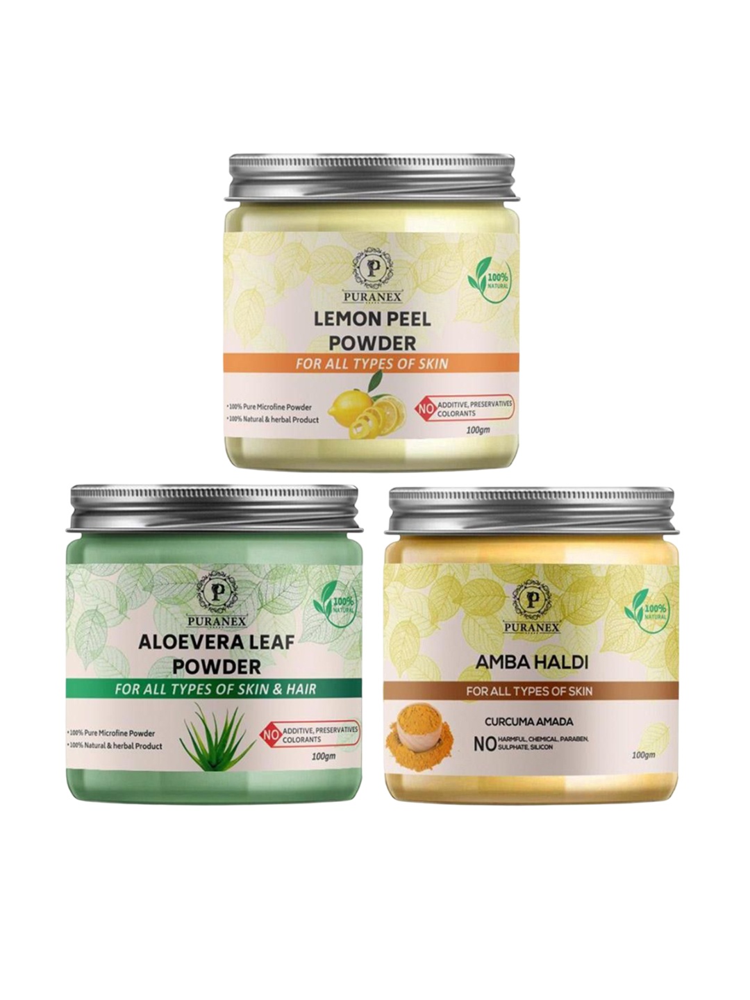 

Puranex Set Of 3 Lemon Peel, Aloevera Leaf & Amba Haldi Skin & Hair Powder-100 g Each, White