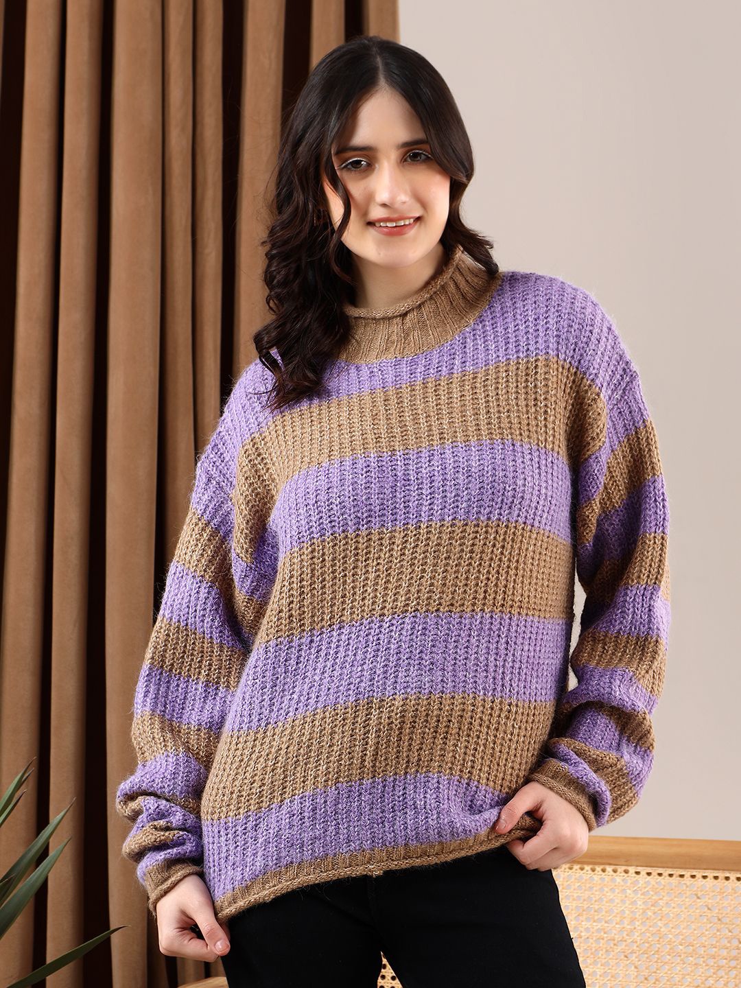 

Stylecast X Kotty Women Colourblocked Turtle Neck Pullover, Purple
