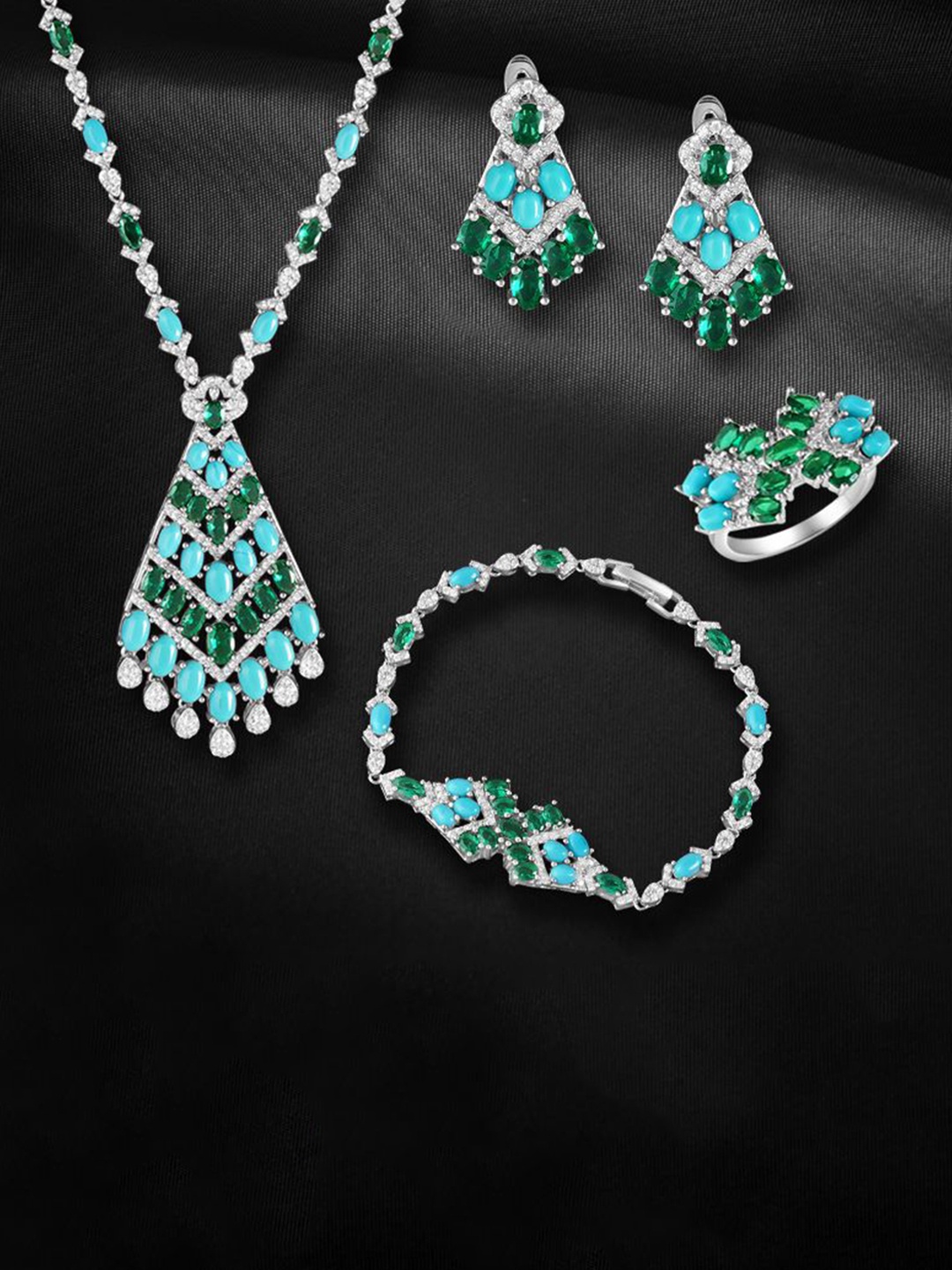 

Tuanz Silver Jewelry 925 Sterling Silver Rhodium Plated CZ Stone Studded Jewellery Set