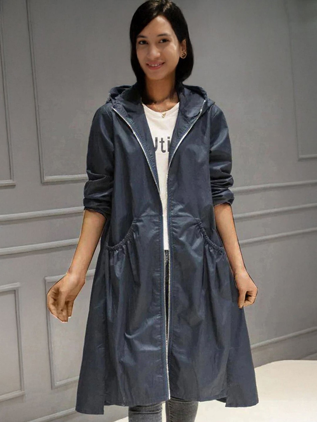 

StyleCast Women Hooded Regular Fit Front Open Longline Overcoat, Blue