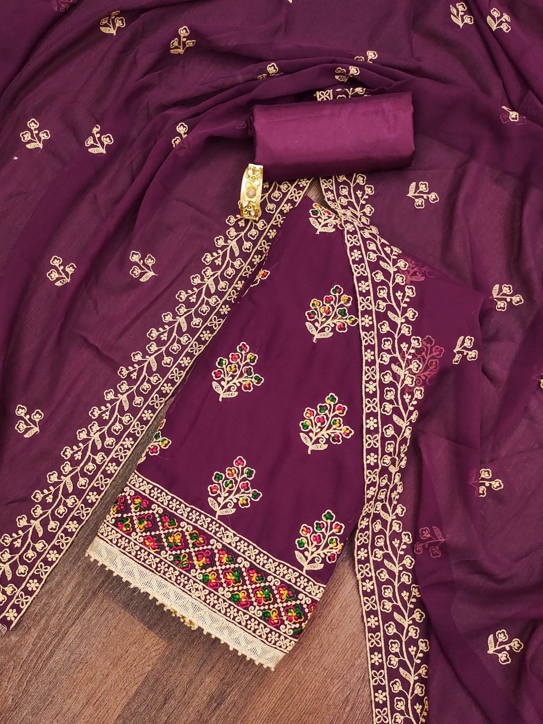 

Maroosh Ethnic Motifs Embroidered Sequinned Georgette Unstitched Dress Material, Purple