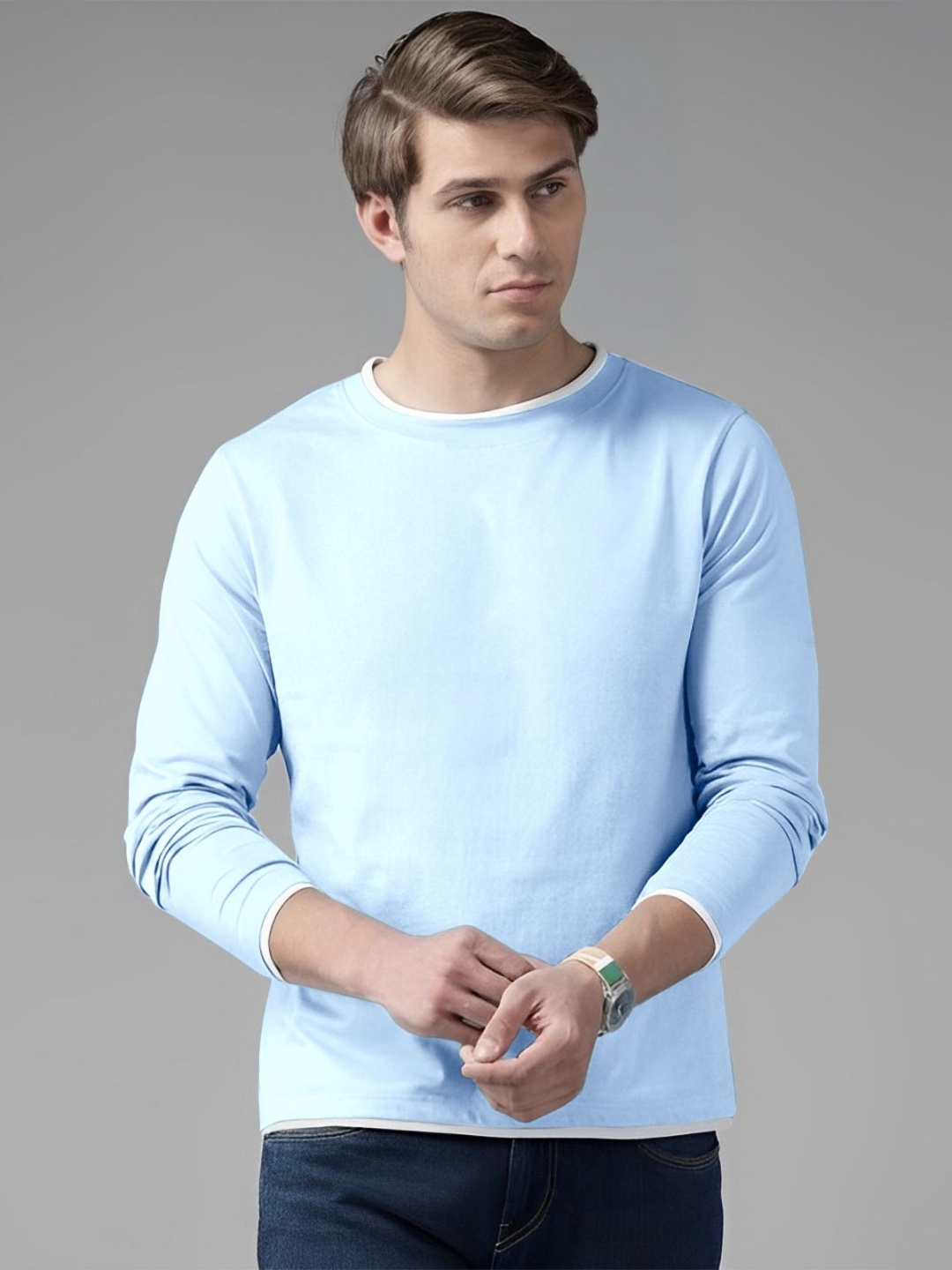 

AUSK Men Solid Round Neck Pure Cotton T-shirt, Turquoise blue