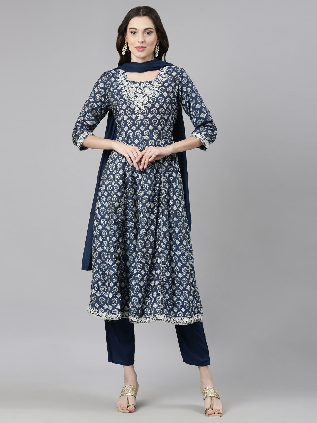 

Neerus Floral Printed Aari Work Anarkali Kurta With Trousers & Dupatta, Blue