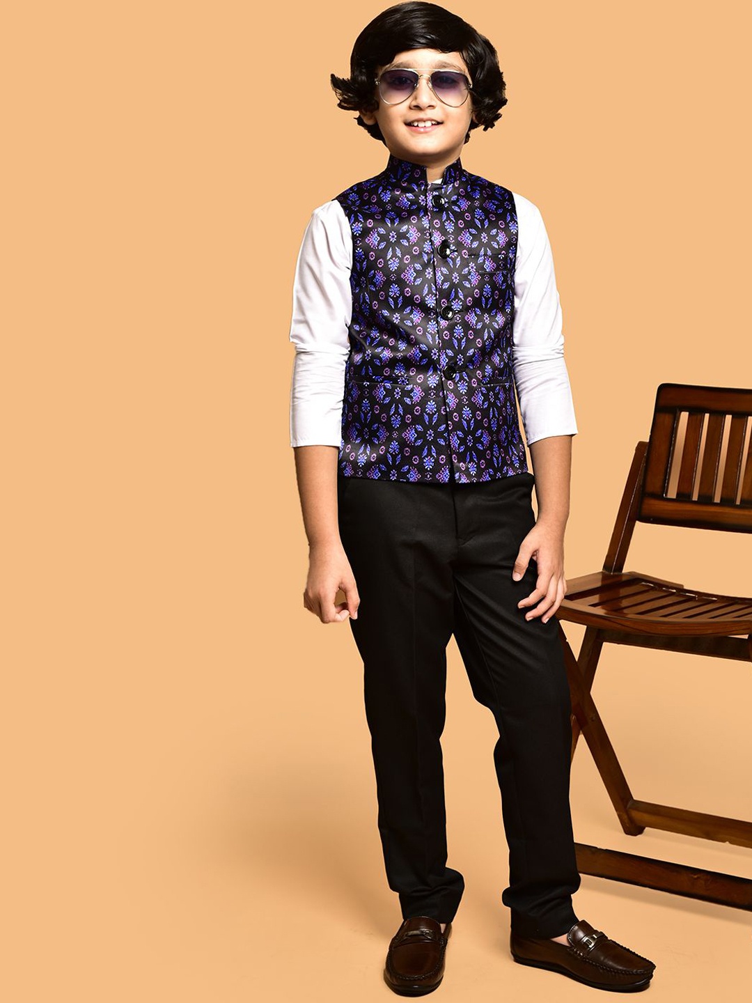 

PRINTINDIA Boys Printed Nehru Jacket, Black