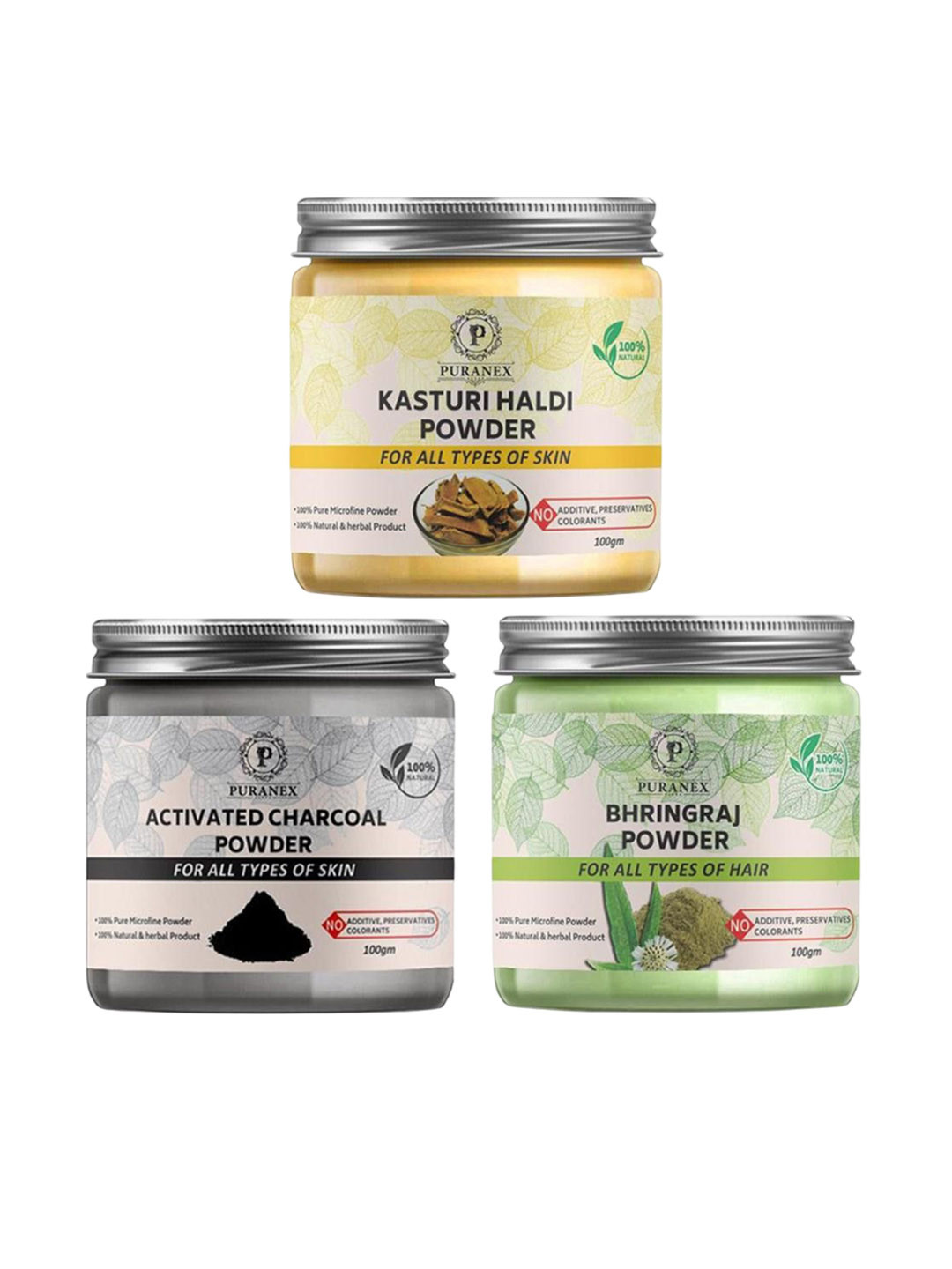 

Puranex Set Of 3 Natural Kasturi Haldi - Charcoal Powder & Bhringraj Powder - 100 g Each, Yellow