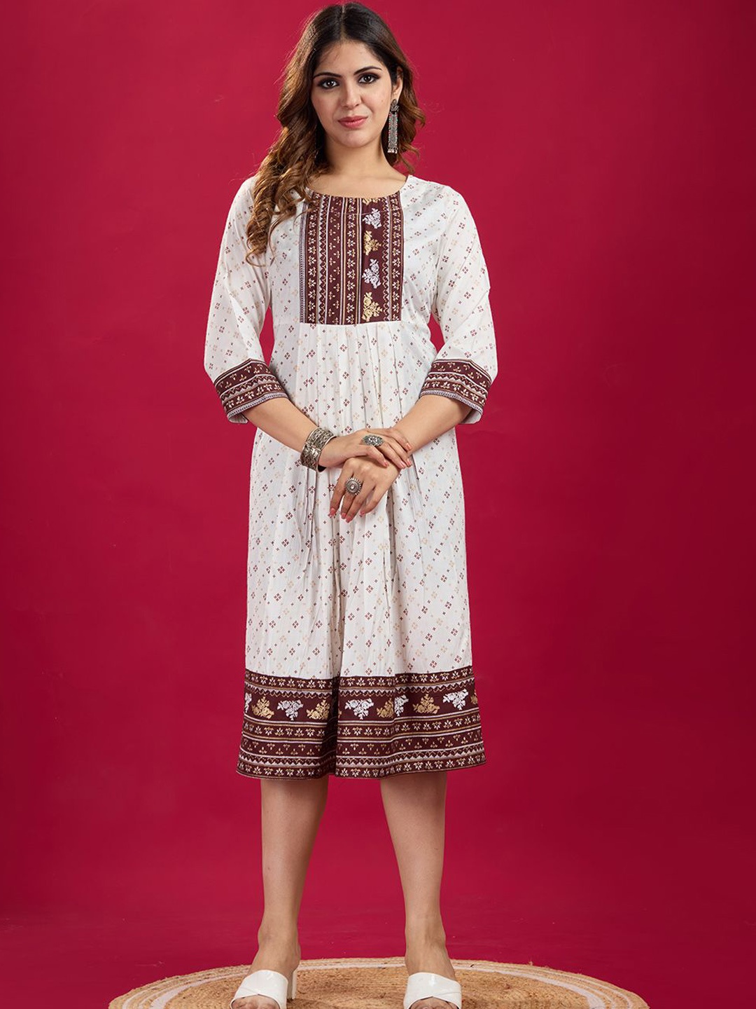

A.V.M Prints Floral Printed Round Neck Pure Cotton A-Line Ethnic Dresses, White