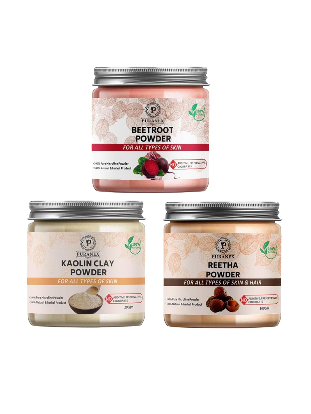 

Puranex Set Of 3 Beetroot - Kaolin Clay & Reetha Powder - 100 g Each, White