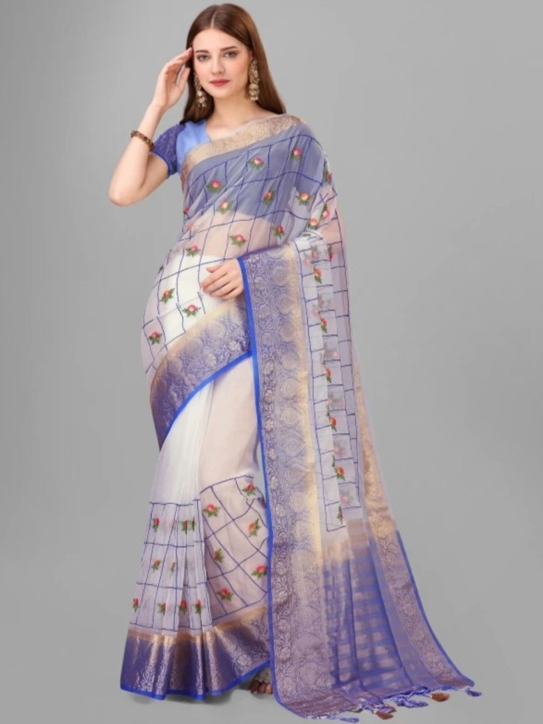 

DIVASTRI Floral Embroidered Organza Banarasi Saree, Blue