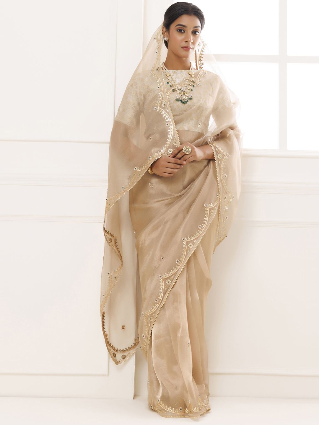 

Geroo Luxe Ethnic Motifs Embroidered Tissue Banarasi Saree, Beige
