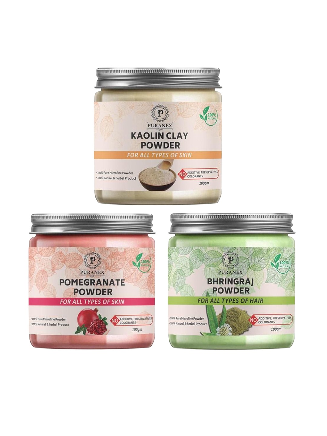 

Puranex Set Of 3 Kaolin Clay, Pomegranate & Bhringraj Skin & Hair Powder-100 g Each, White