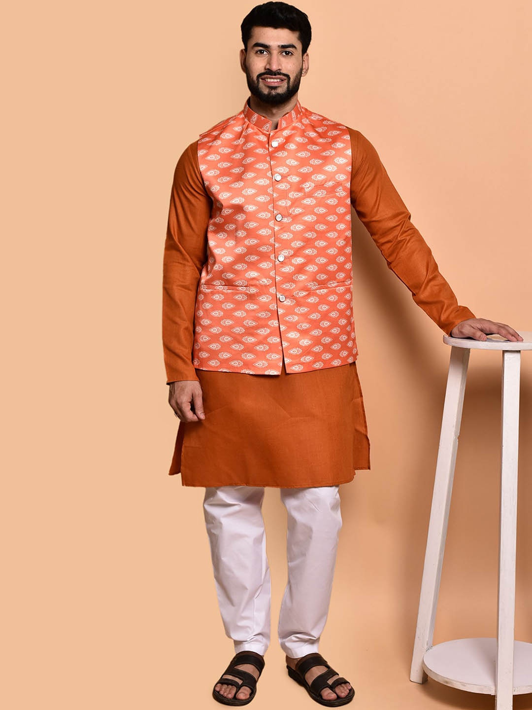 

PRINTINDIA Mandarin Collar Pure Cotton Straight Kurta with Trousers, Orange