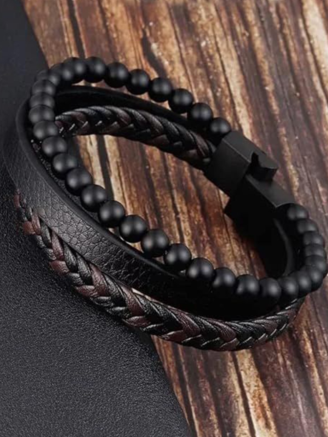 

THE MEN THING Men Leather Wraparound Bracelet, Black