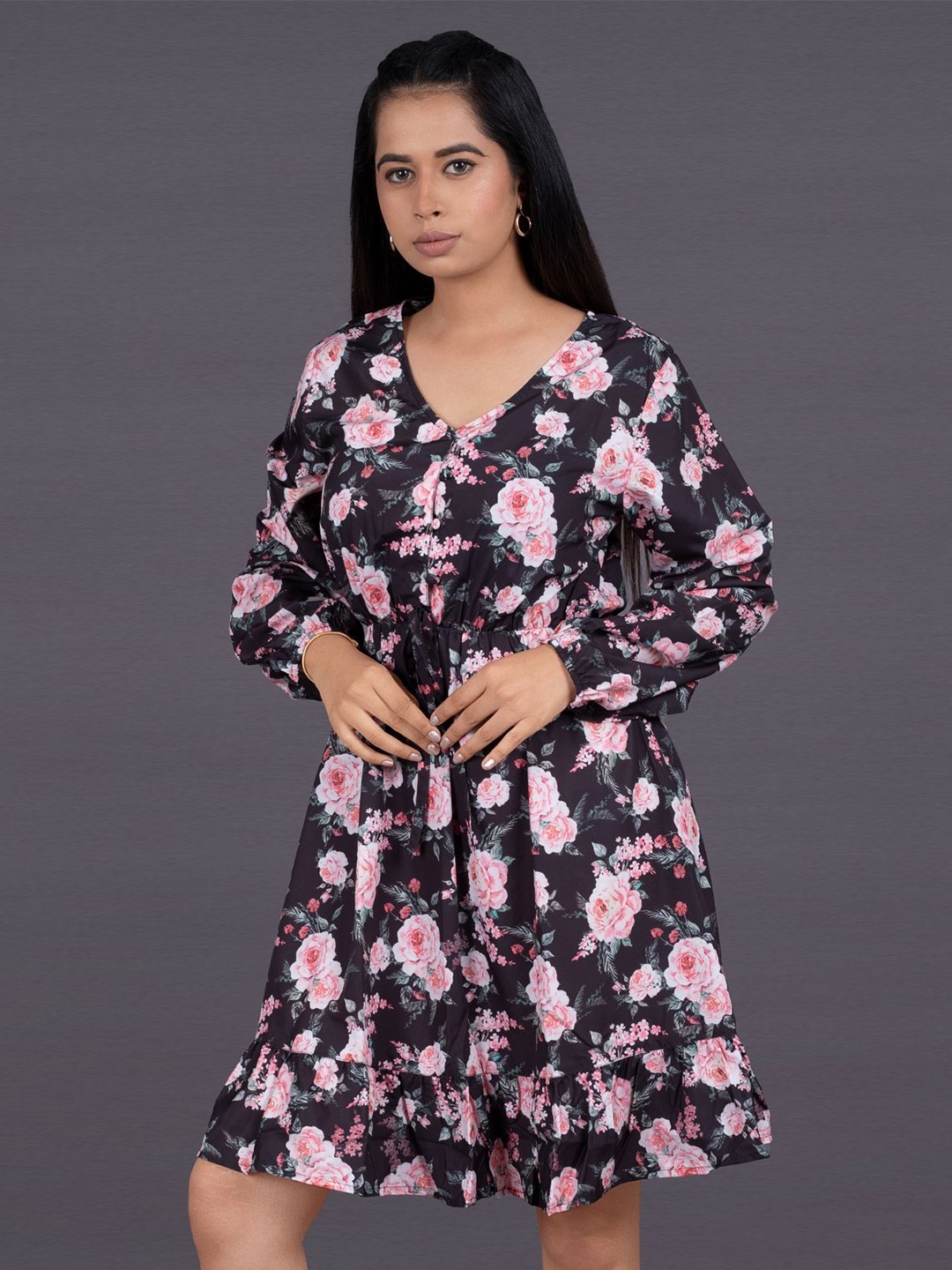 

La Aimee Women Floral Printed Fit & Flare Knee Length Dress, Black
