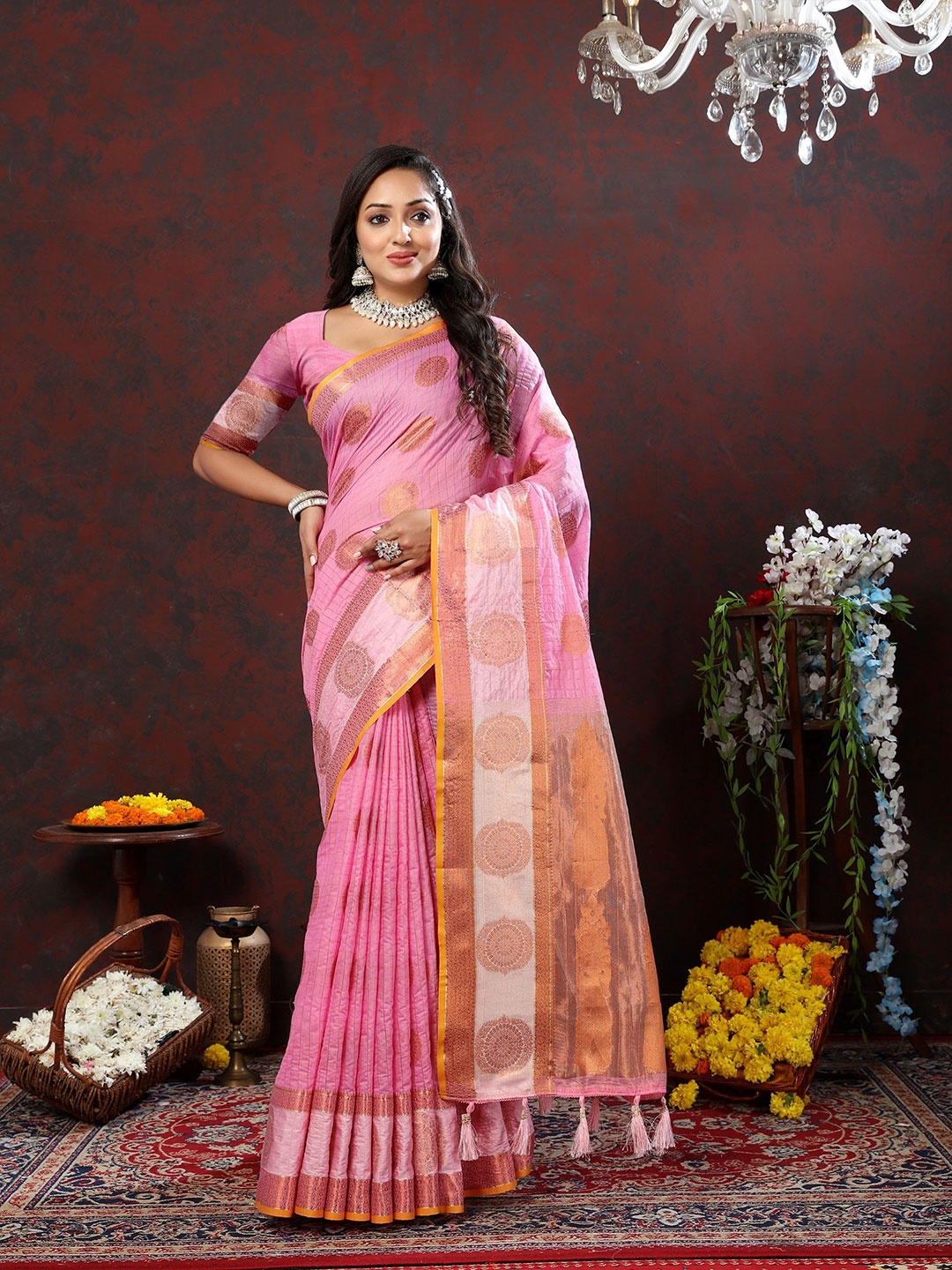 

Anaita Ethnic Motifs Zari Silk Blend Banarasi Saree, Pink