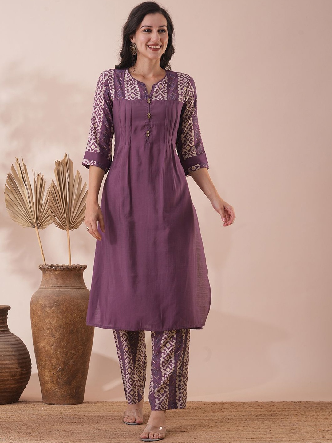 

FASHOR Purple Floral Printed Notch Neck Tunic With Trousers