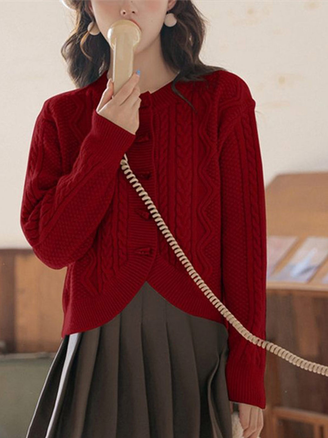 

LULU & SKY Women Cable Knit Self Design Cardigan Sweater, Red