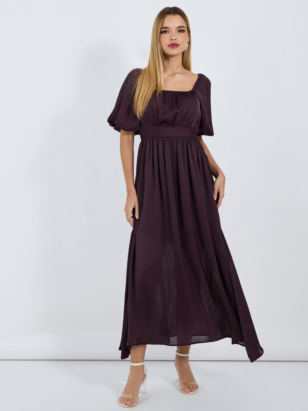 

Styli Women Solid Puff Sleeves A-Line Maxi Dress, Purple