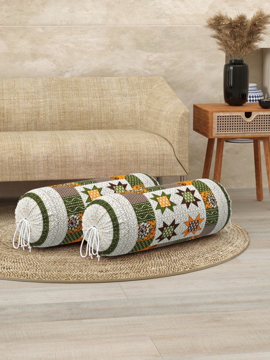 

BLOCKS OF INDIA White & Green 2 Pieces Ethnic Motifs Printed Cotton Bolster Cover Set