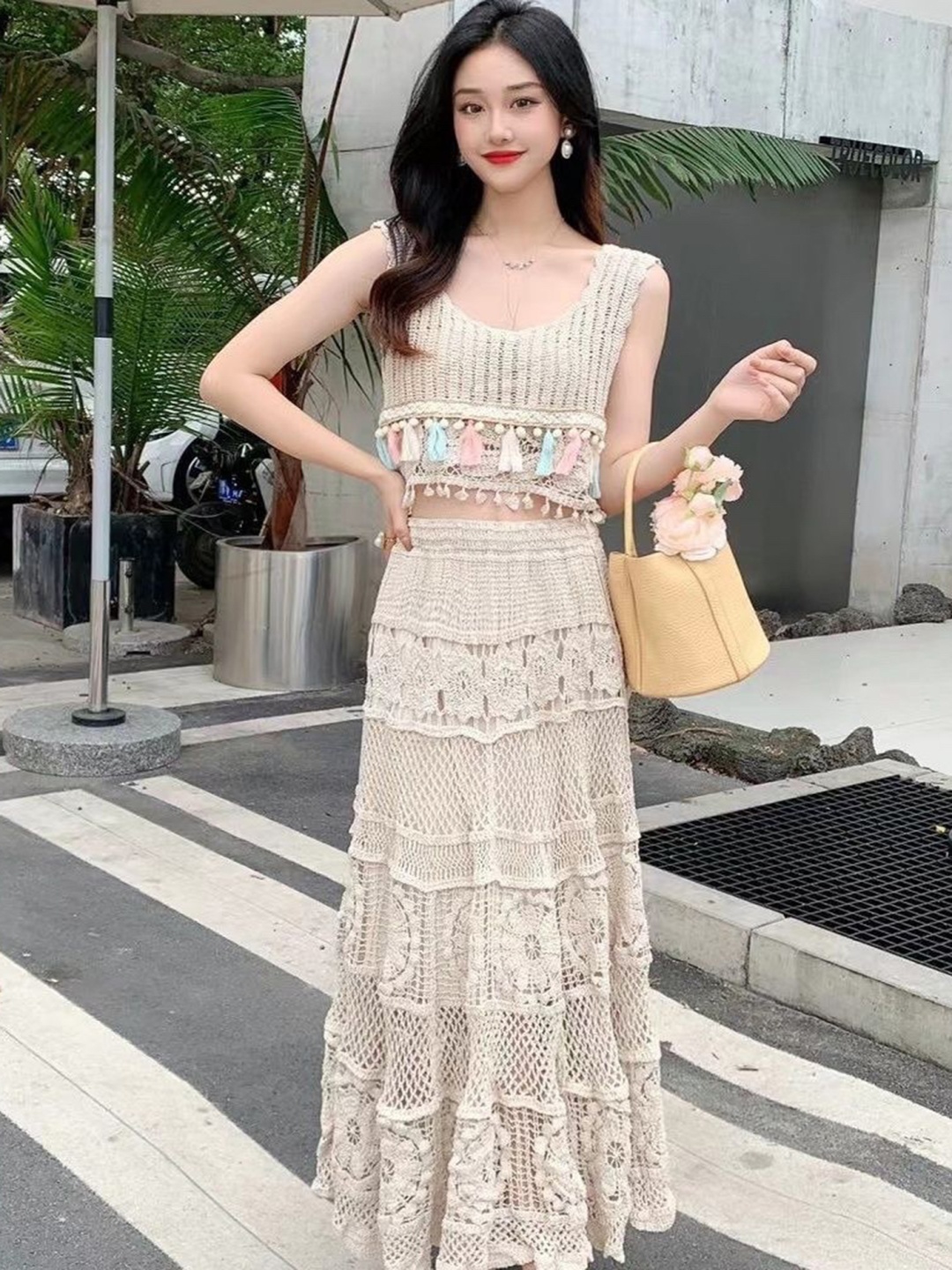 

LULU & SKY A-line Crochet Maxi Skirt, Beige
