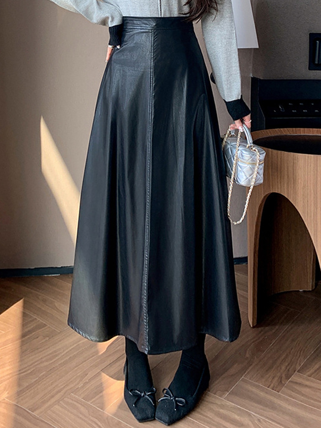 LULU & SKY Women A-Line Leather Maxi Skirt, Black