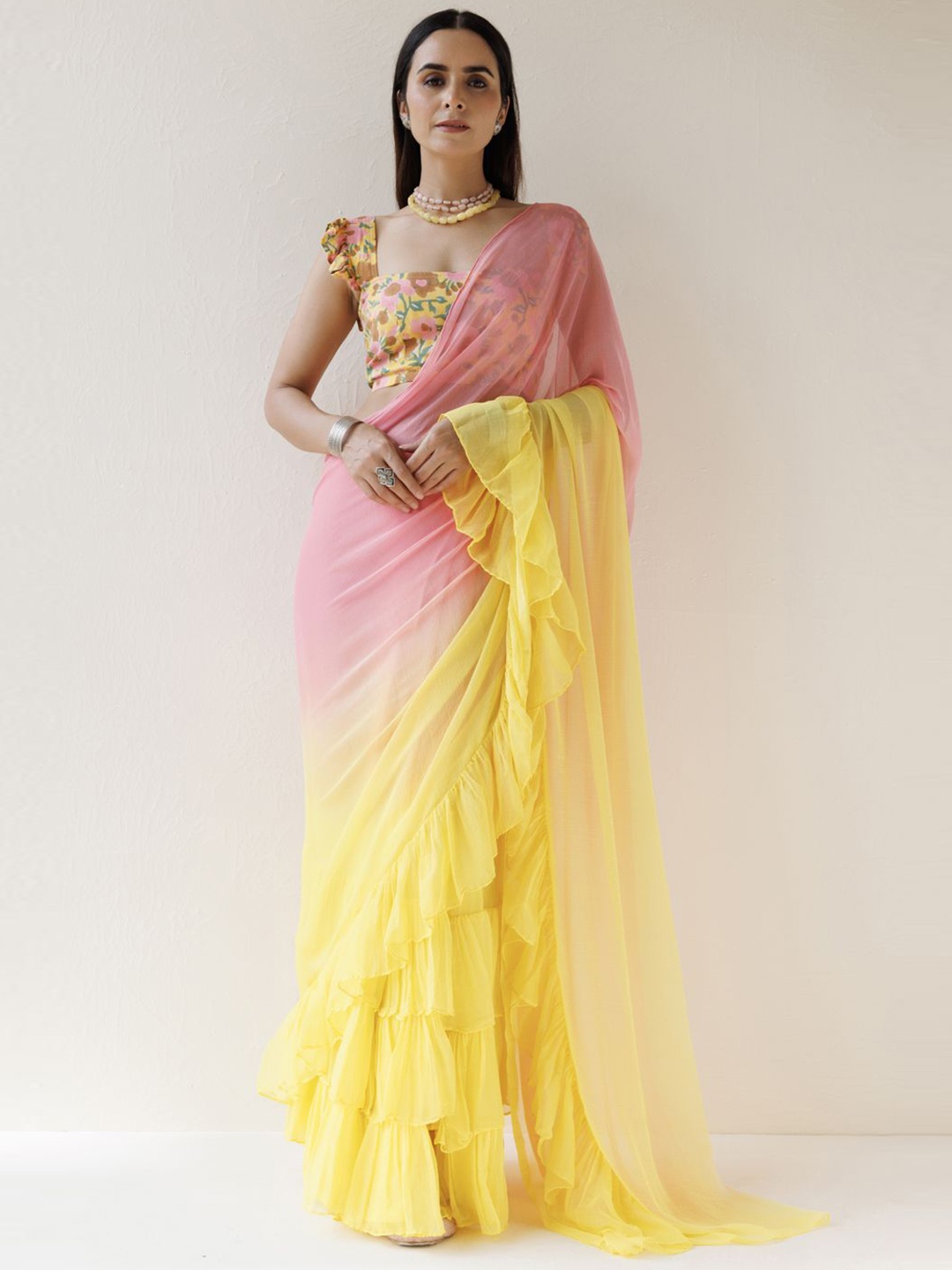 

Geroo Luxe Women Ombre Ruffles Ready to Wear Saree, Yellow