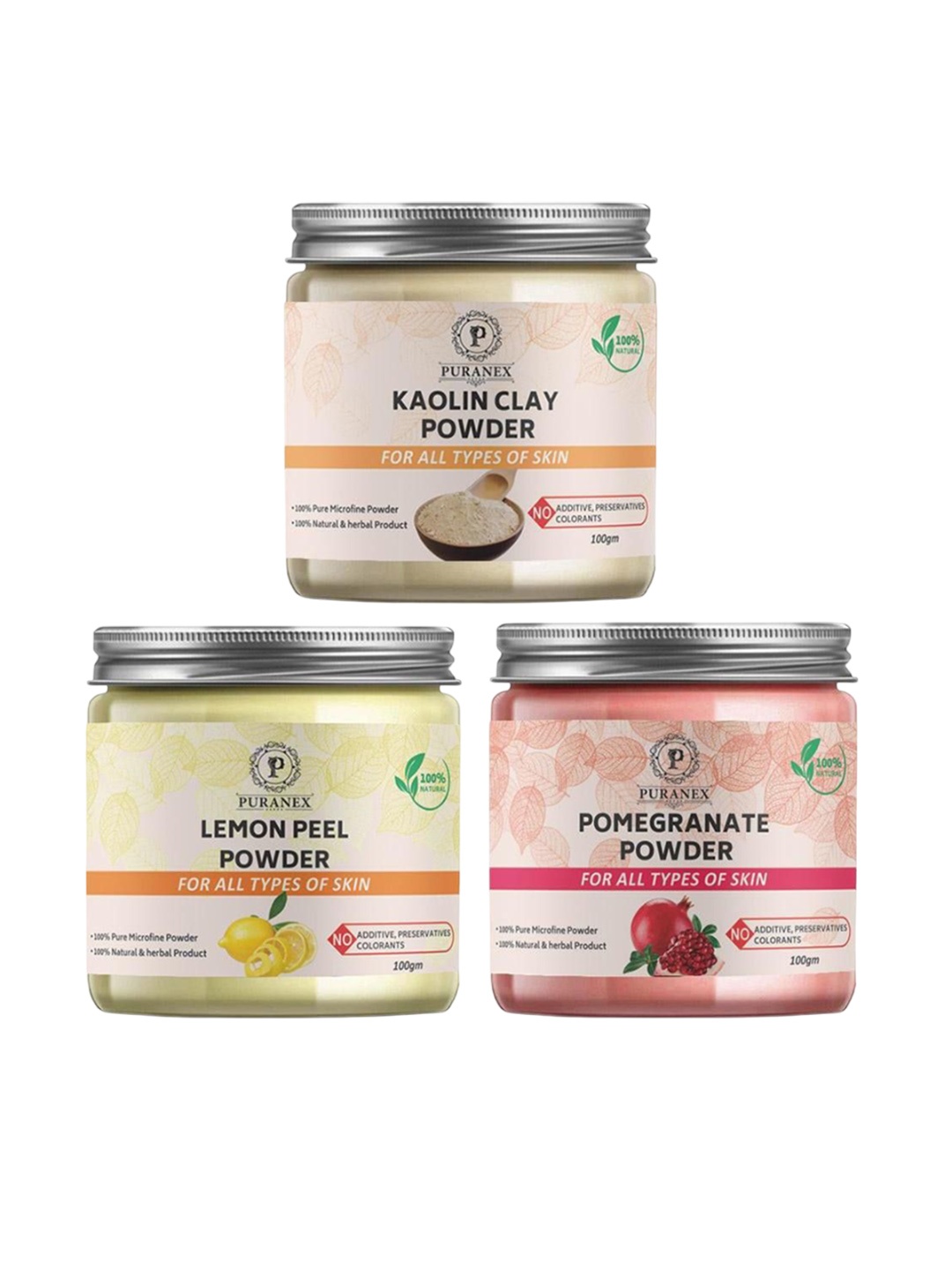 

Puranex Set Of 3 Kaolin Clay, Lemon Peel & Pomegranate Face Pack Powder - 100 g Each, White