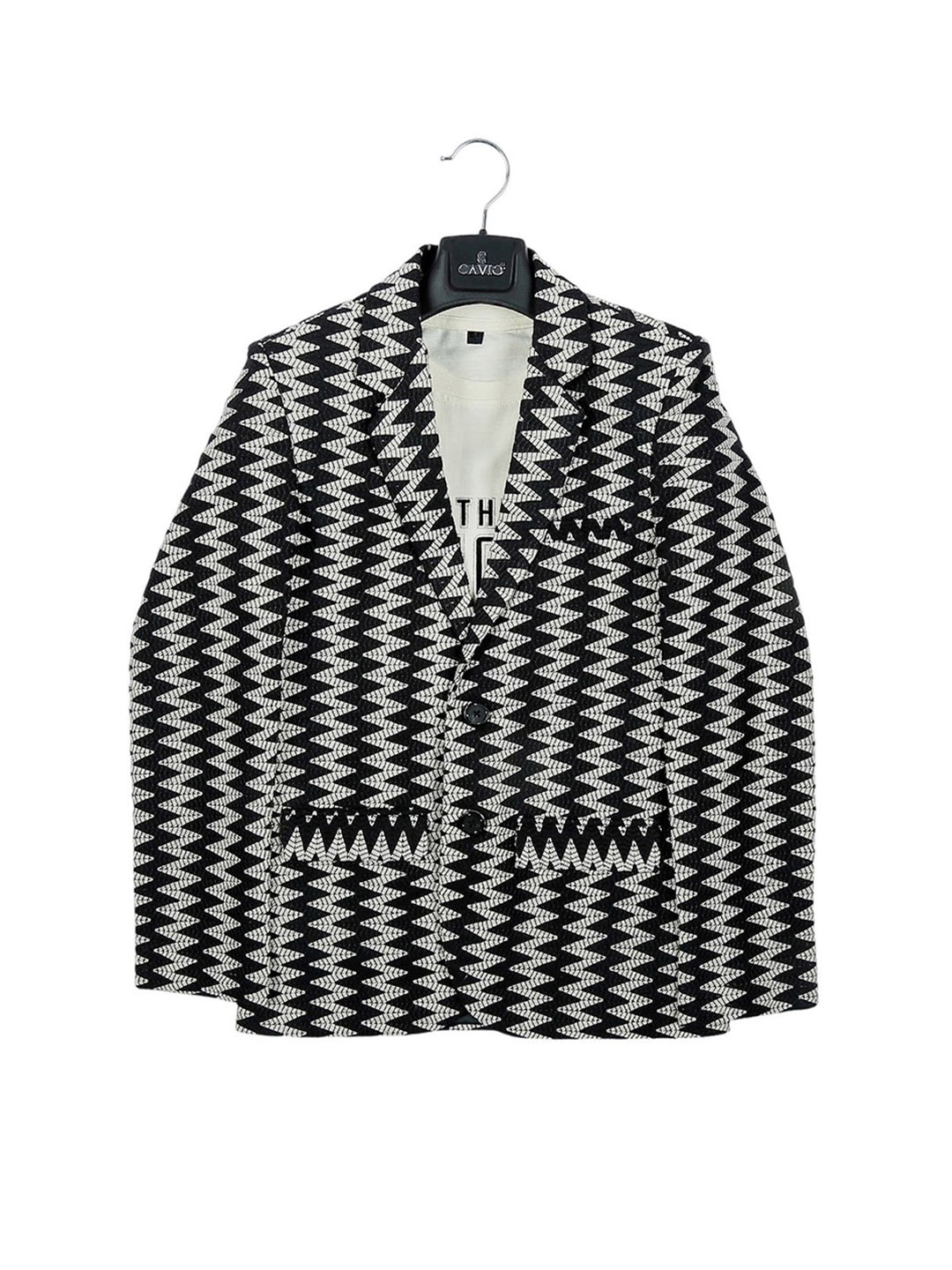 

CAVIO Boys Printed Single-Breasted Pure Cotton Blazer With T-Shirt, Black