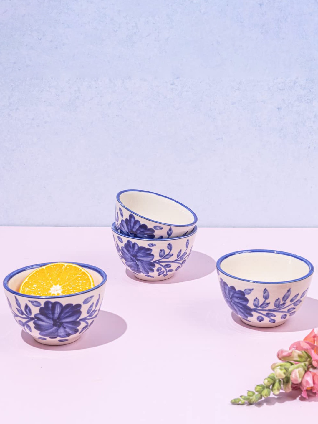 

AMALAFIEE CERAMICS Blue 4 Pieces Printed Ceramic Microwave Safe Serving Bowls