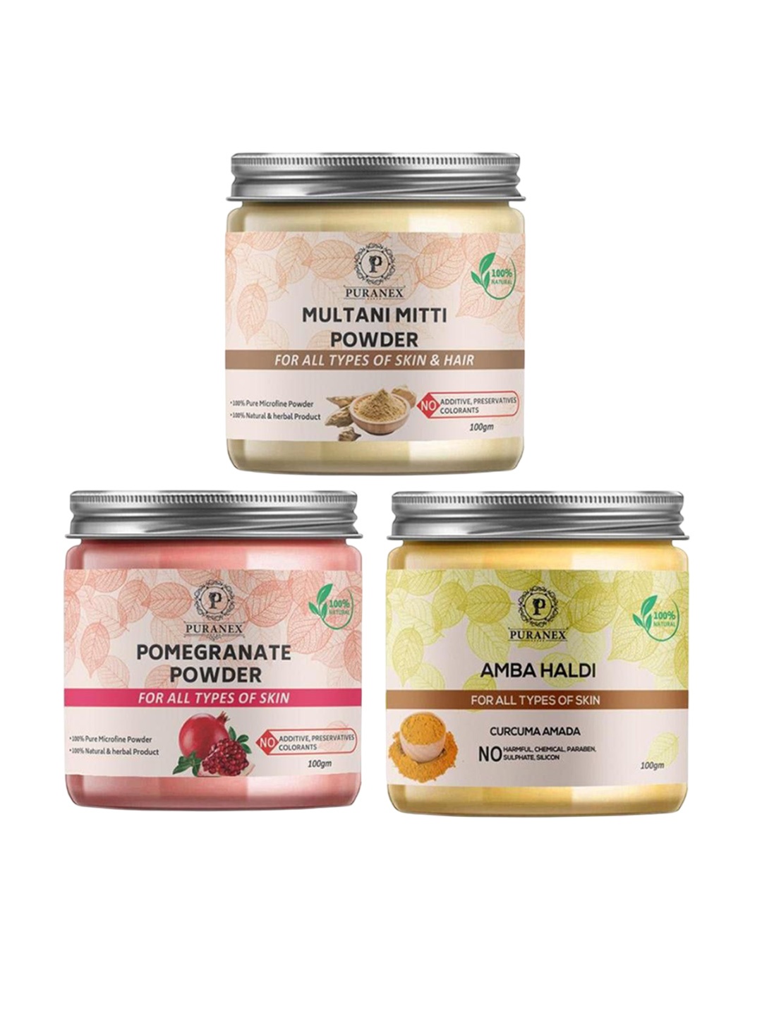 

Puranex Set Of 3 Multani Mitti, Pomegranate & Amba Haldi Skin & Hair Powder- 100 g Each, White