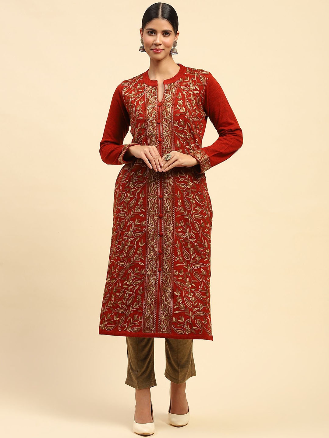 

Me&I Floral Embroidered Mandarin Collar Woollen Straight Kurta, Rust