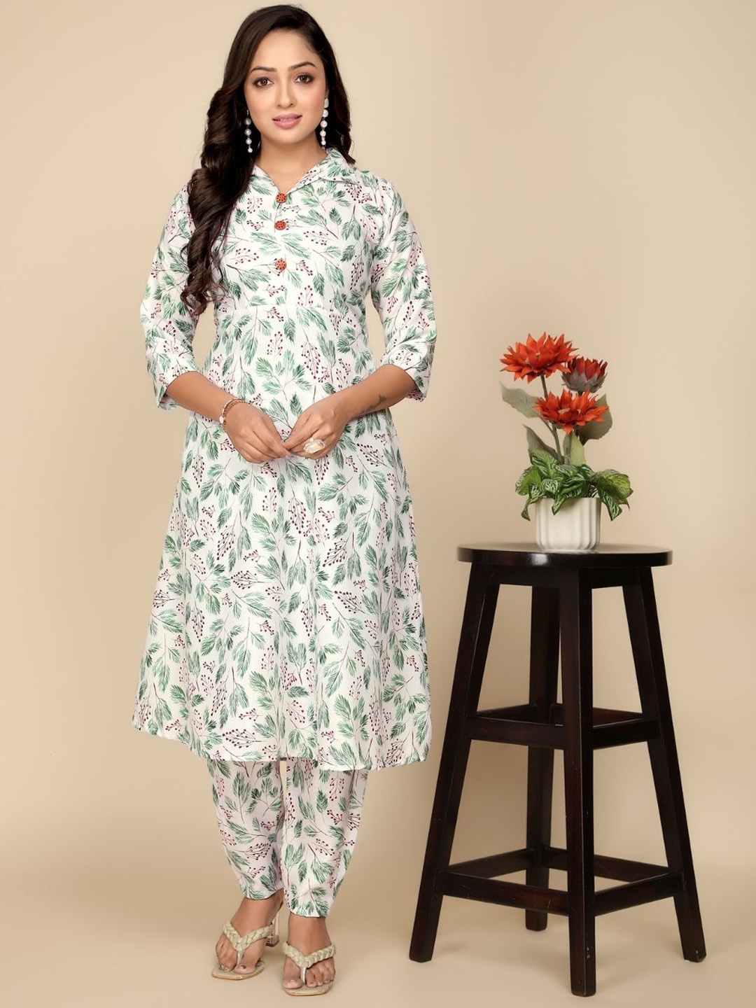 

NIJANAND TEXTILE Shirt Collar Printed Pure Cotton Top With Trouser, White