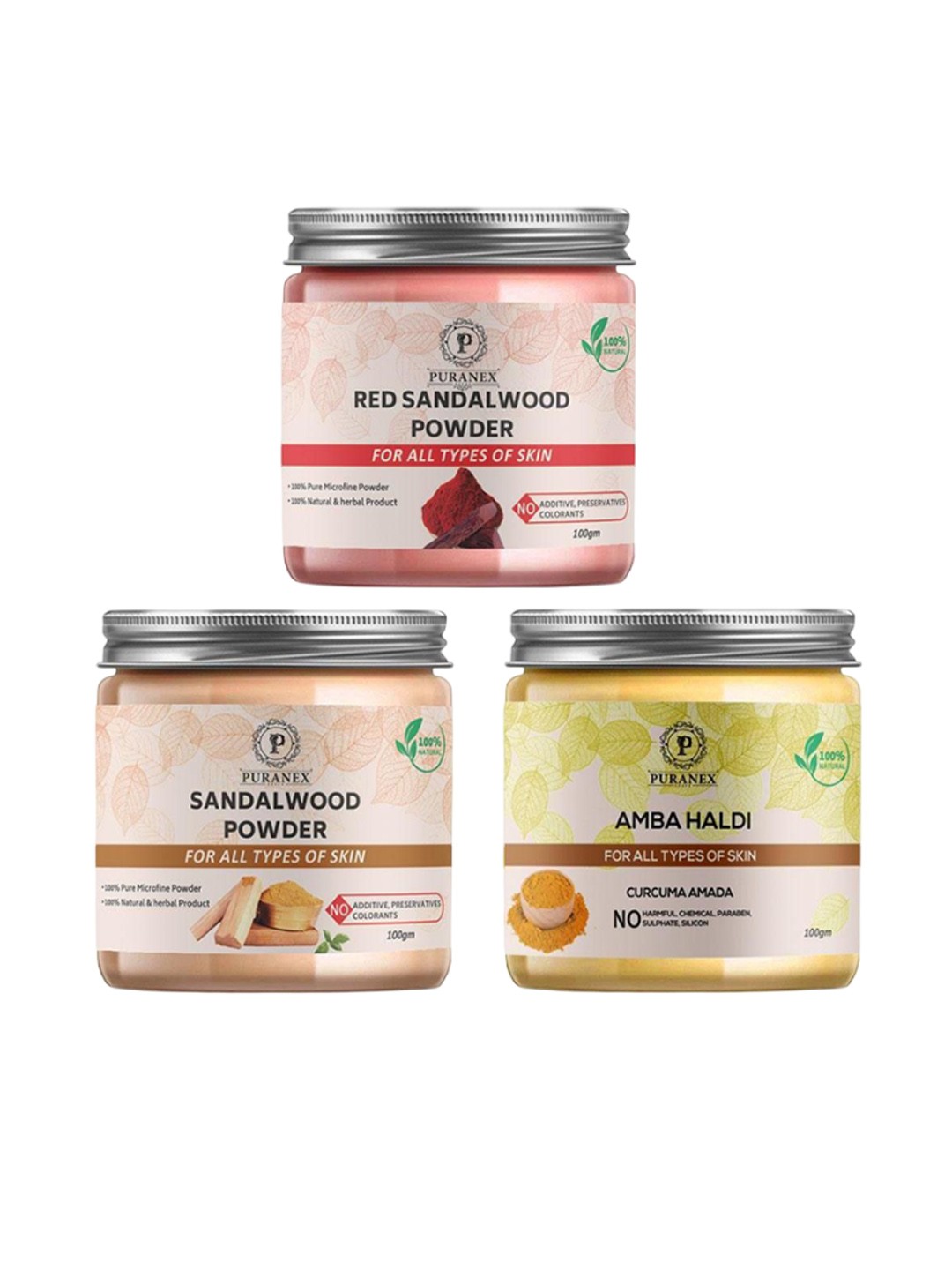 

Puranex Set Of 3 Red Sandal Wood, Sandal Wood & Amba Haldi Face Pack Powder - 100 g Each, White