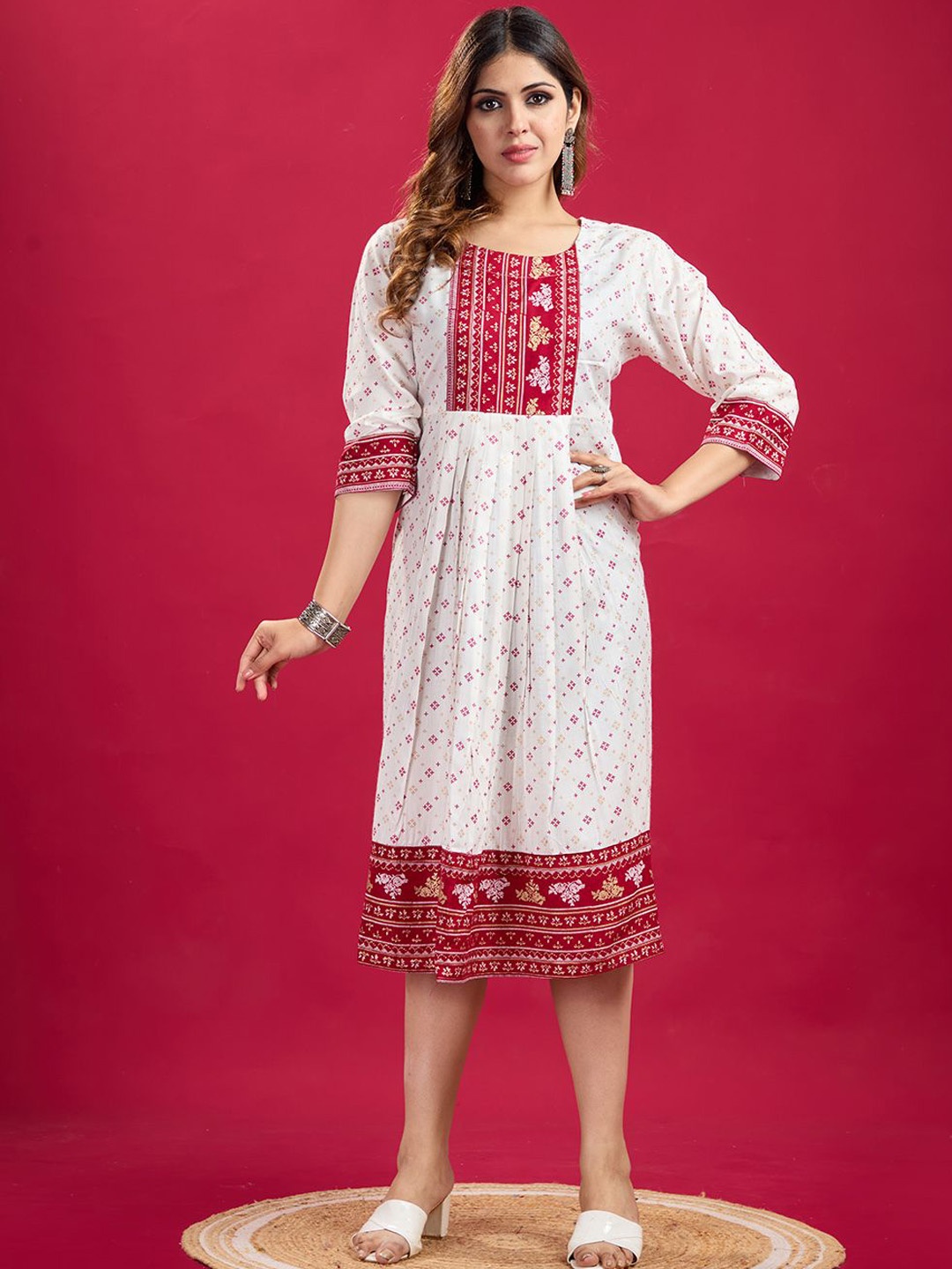 

A.V.M Prints Round Neck Floral Printed Fit and Flare Cotton Ethnic Dress, White