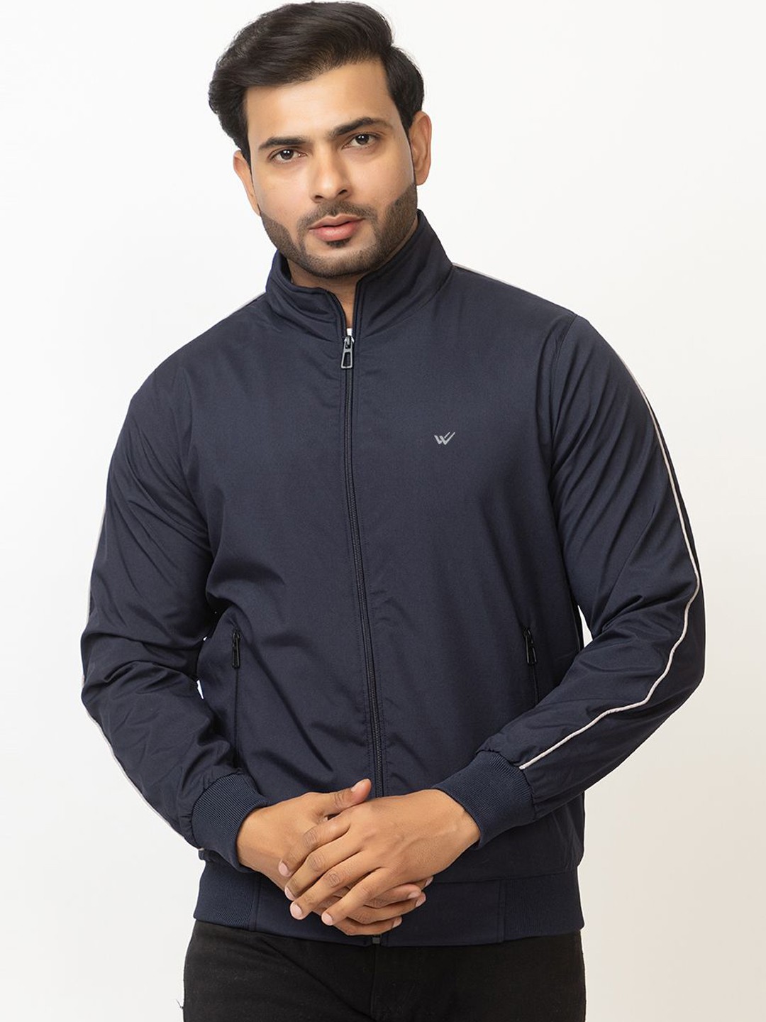

WILD COPS Men Solid Mock Collar Windcheater Sporty Jacket, Navy blue