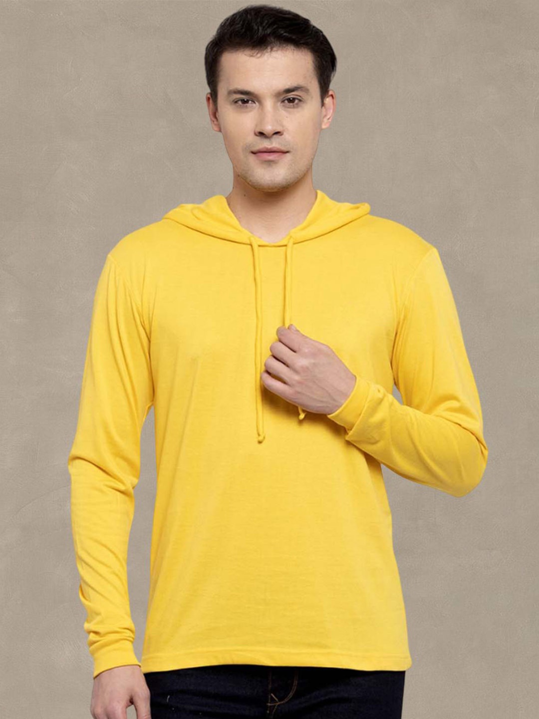 

Friskers Men Yellow Cotton Solid Hoodie T-shirt