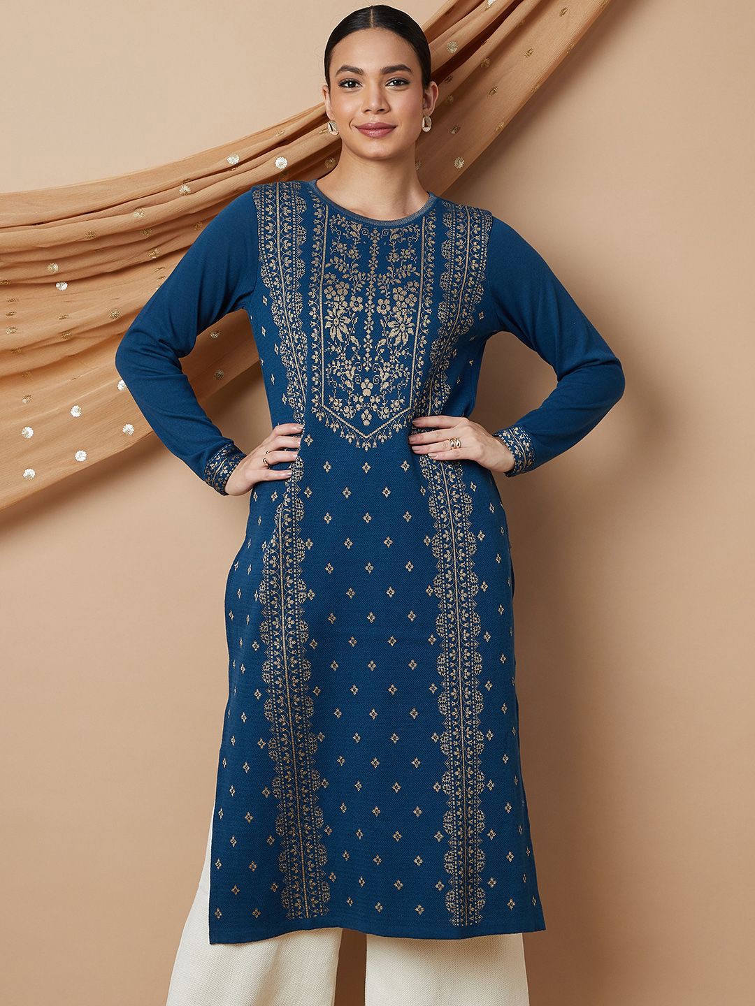 

Melange by Lifestyle Floral Printed Acrylic Straight Kurta, Blue