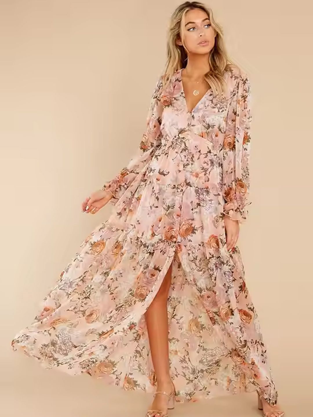 

StyleCast Women Floral Printed Fit and Flare Maxi Dress, Peach